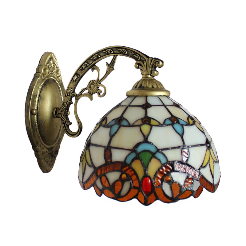 Beige Domed Wall Light with Engraved Arm 1 Light Tiffany Victoria Stained Glass Wall Lamp for Corridor