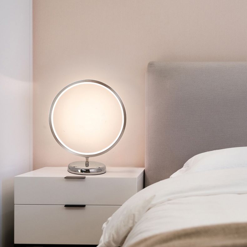 Chrome Ring Shaped Night Stand Lamp Simple Style Metal LED Table Light