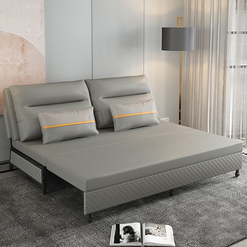 Adjustable Sofa Bed Faux Leather Sewn Pillow Back Sofa in Grey