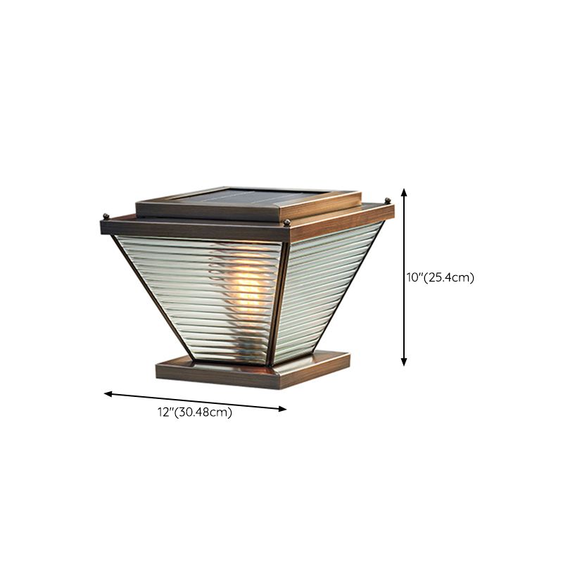 1-Light Solar Energy Pillar Lamp Brass Outdoor Light with Glass Shade for Garden