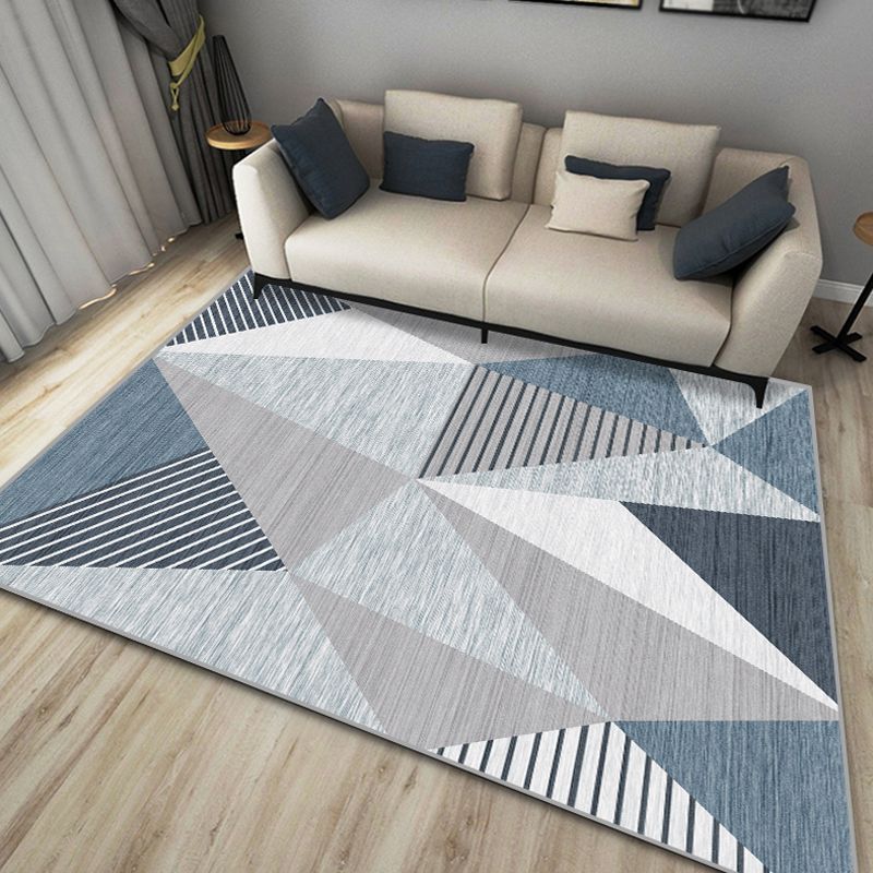 Funky Geometric Pattern Rug with Stripe Blue Modern Rug Polyester Pet Friendly Washable Non-Slip Area Rug for Bedroom