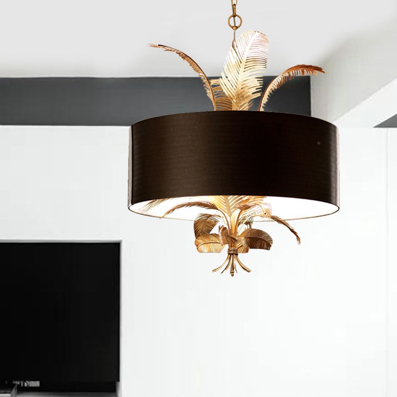 6 luces Ligero de techo Tambor de tambor Candelera colgante en negro para comedor con hojas deco