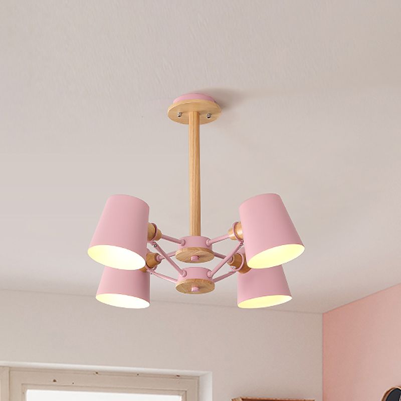Pink/Yellow Barrel Semi Flush Lighting Macaron 4-Light Metal Flush Mounted Ceiling Lamp with Wood Rod