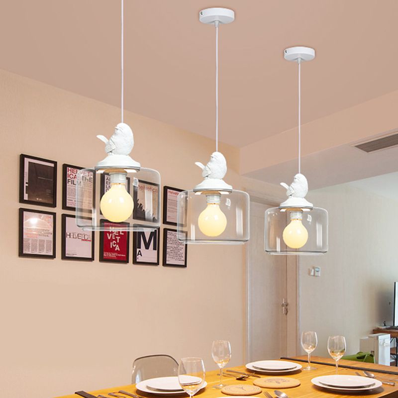 Drum Shaped Dinette Pendant Lamp Clear Glass 1 Bulb Modern Hanging Lamp Kit with White Bird Top
