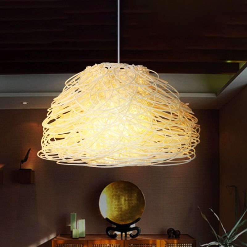 1 Bulb Tearoom Hanging Lamp Asian White Pendant Light Fixture with Domed Rattan Shade