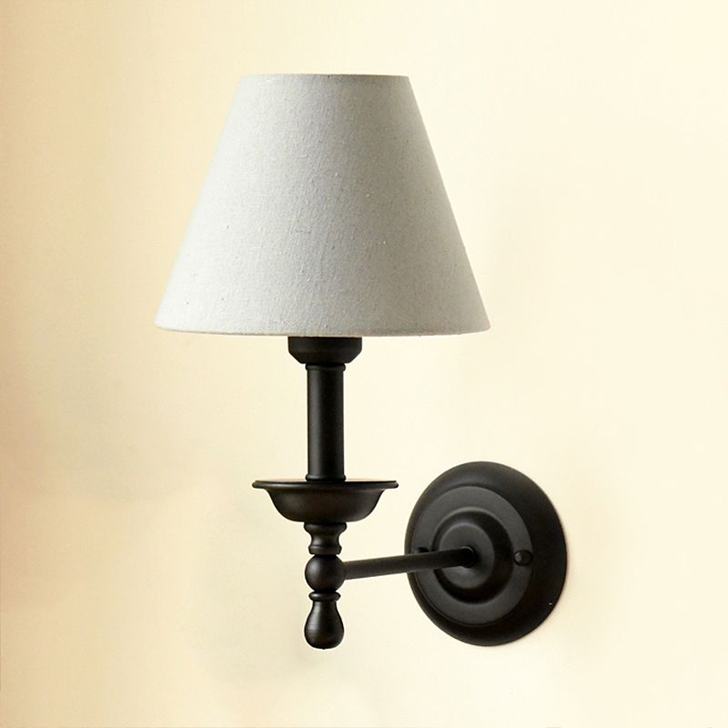 1 Light Metal Wall Light Traditional Gray-Blue/White Fabric Cone Shade Bedroom Sconce Light