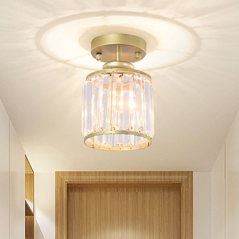 1 Light Corridor Semi Flush Light Contemporary Gold/Black Ceiling Light with Cylinder Crystal Block Shade