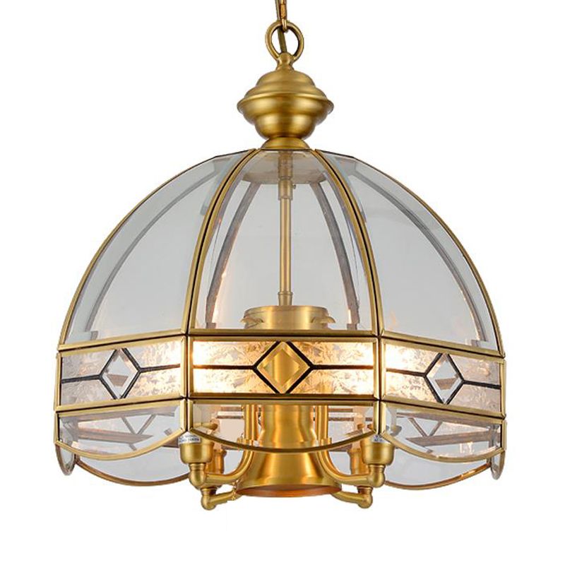 Dome Clear Glass Hanging Chandelier Retro 4 Heads Brass Ceiling Pendant Light for Dining Room