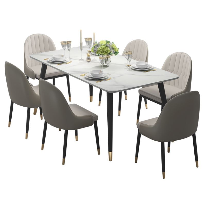 Modern Sintered Stone Table Set of 5/7 with Rectangle White Table Dining Set with PU Leather  Chairs