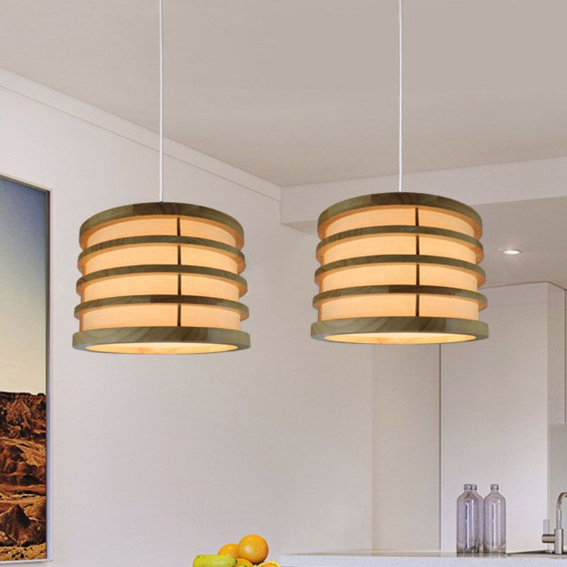 Beige Bucket Shaped Ceiling Pendant Contemporary 1-Light Wood Hanging Light Fixture