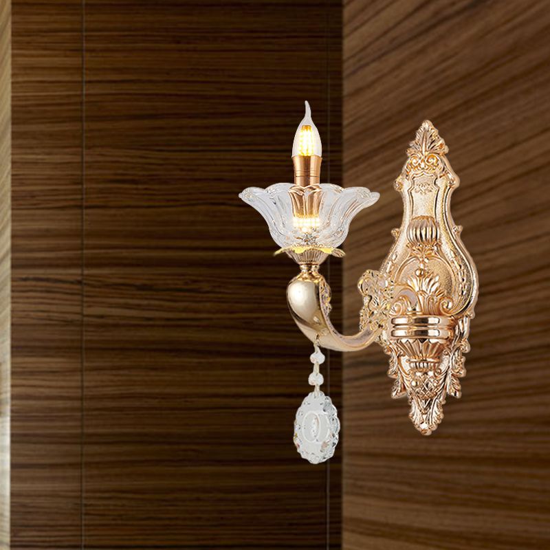 Retro Candlestick Sconce Lighting Fixture 1/2-Bulb Clear Crystal Glass Wall Mounted Light in Gold