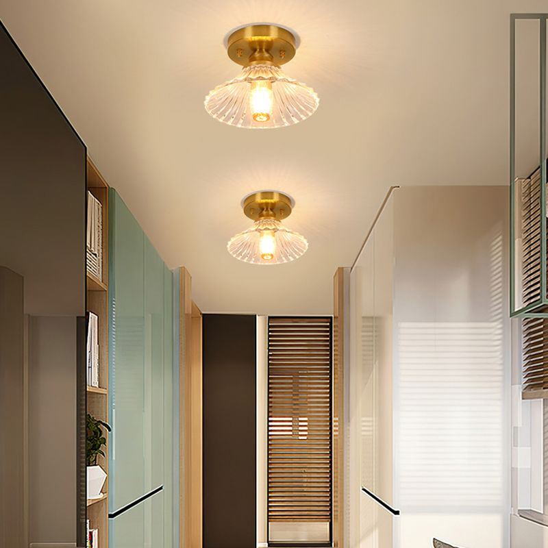 Small Foyer Ceiling Mounted Lamp Textured Glass 1-Bulb Minimalist Semi Flush Light in Brass