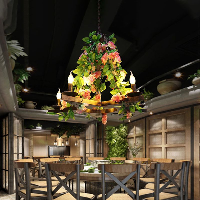 Metal Green Chandelier Lamp Candelabra 5 Bulbs Antique LED Rose Hanging Ceiling Light for Restaurant