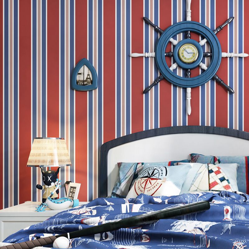 Rudder Wallpaper for Children Vertical Stripe Wall Covering in Blue and Red, Stain-Resistant