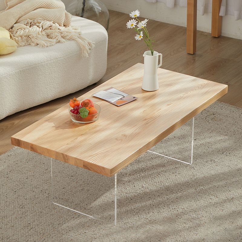 Scandinavian Rectangle Coffee Table with Solid Wood Top and 2 Acrylic Legs