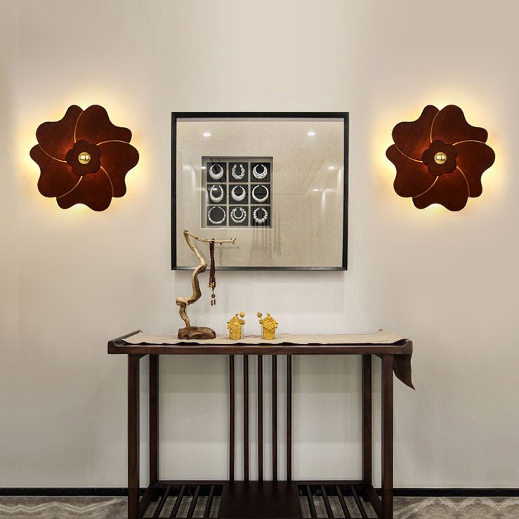Flower Shape Wooden Sconce Light Chinese Style Wall Lighting Ideas for Bedroom Tearoom