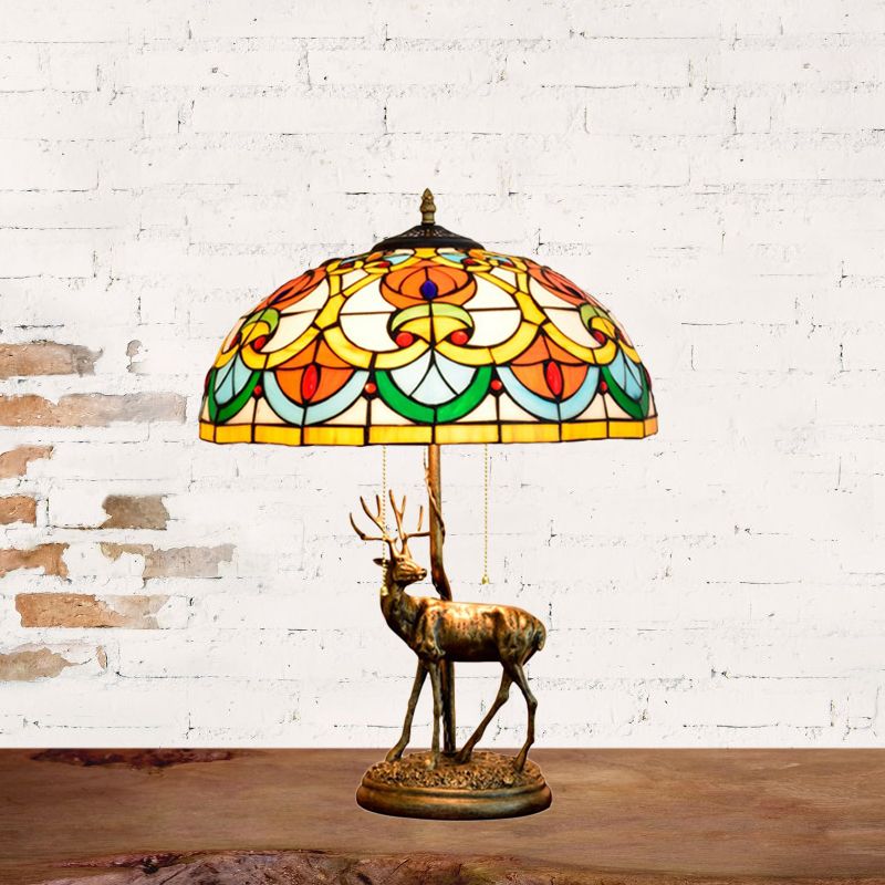Cut Glass Yellow/Orange Night Light Hand-Worked Peach/Geometric 2-Light Tiffany Table Lamp with Elk Statue and Pull Chain Switch