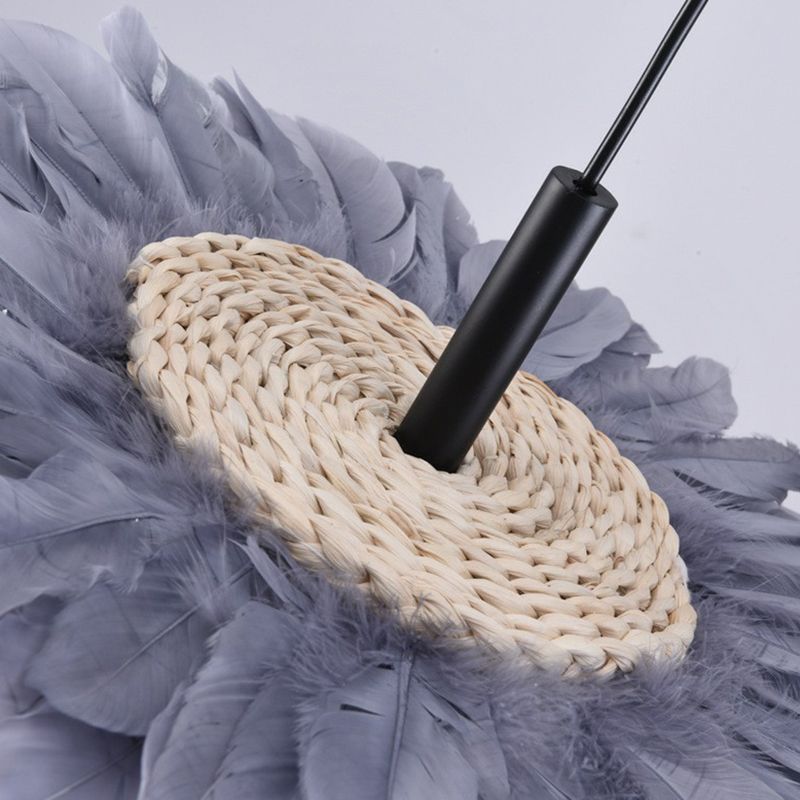 Floral Feather Hanging Light Fixture Artistic 1 Head Black and Blue Pendant Lamp for Bedroom