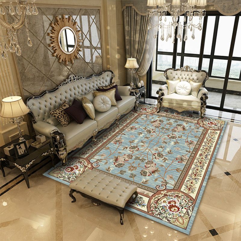 European Flower Pattern Carpet Polyester Area Rug Non-Slip Backing Area Rug for Living Room