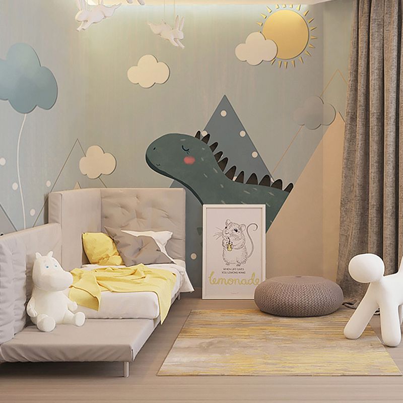 Full Illustration Simple Wall Mural Kid's Bedroom Cartoon Dinosaur in Blue