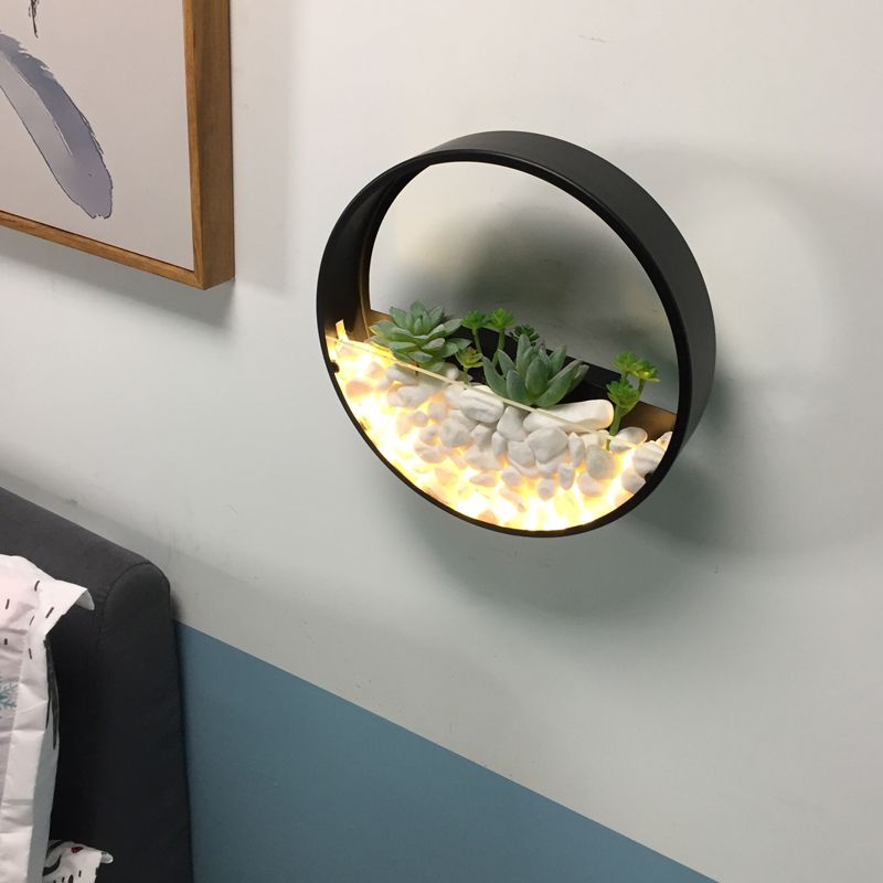 Loop Shaped Wall Sconce Light Decorative Metal Bedroom LED Wall Light with Faux Succulents and Pebbles
