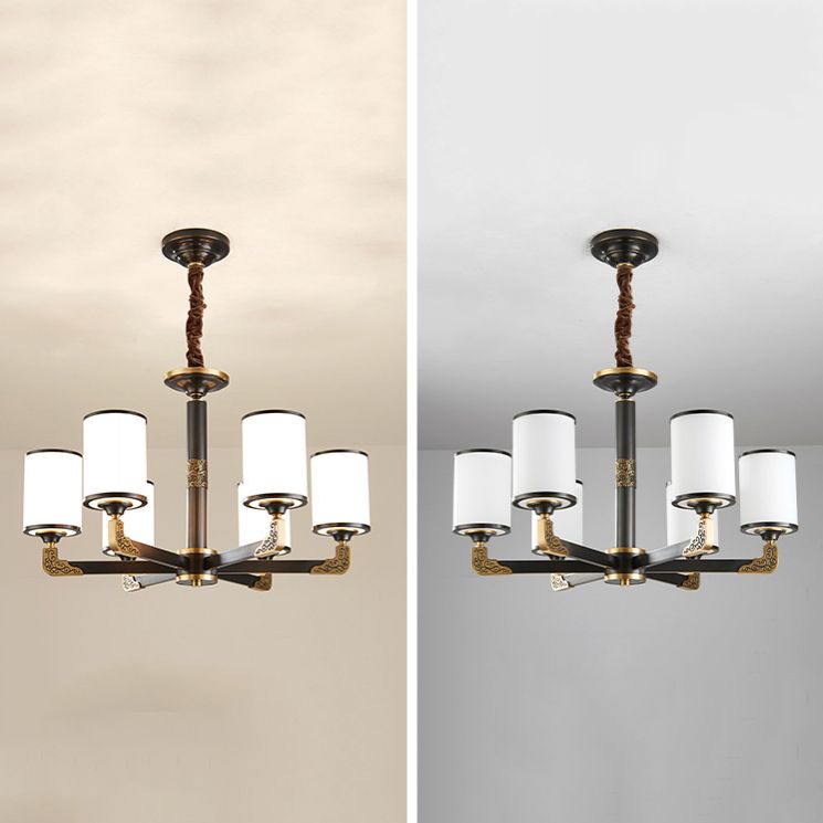 Modern Metal Pendant Light Cylindrical Glass Shade Chandelier Lighting for Bedroom