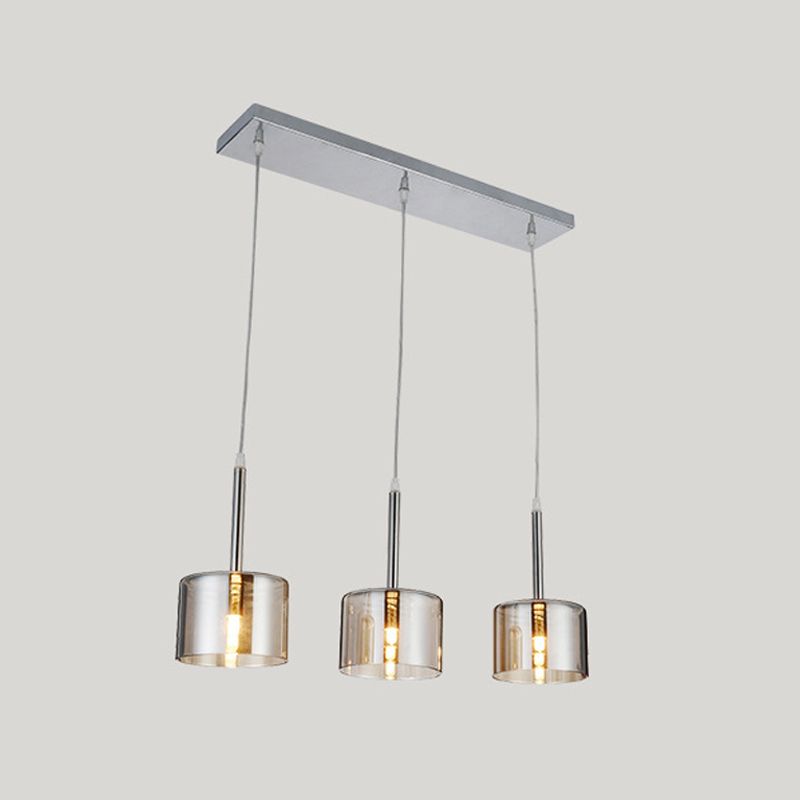 3-Bulb Restaurant Multi-Pendant Modernist Chrome Suspension Light with Drum Clear Glass Shade