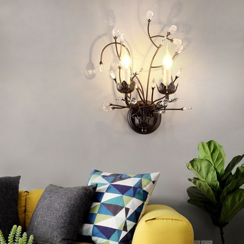Black Flower Sconce Light Antique 2 Lights Metal Wall Mount Light with Crystal Accent for Living Room