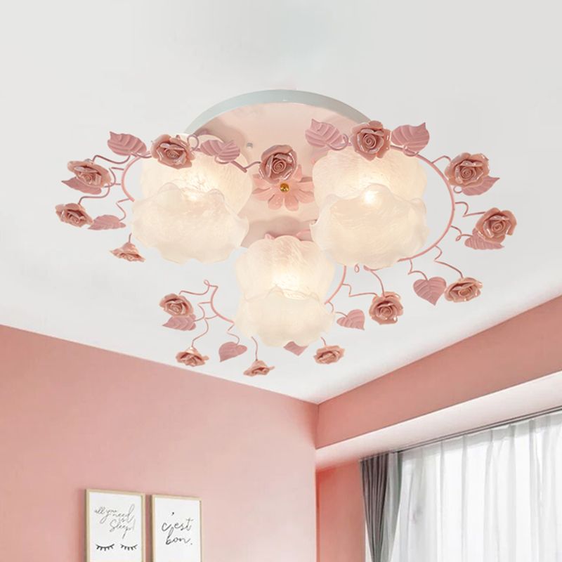 Floral White Glass Ceiling Mounted Fixture Traditional 3/5 Bulbs Living Room Flush Mount Lamp in Pink/Green