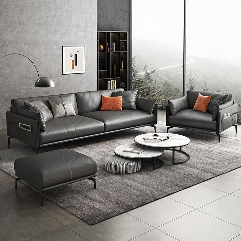 Square Arm Sofa 33.46" High Genuine Leather Sofa with Loose Back