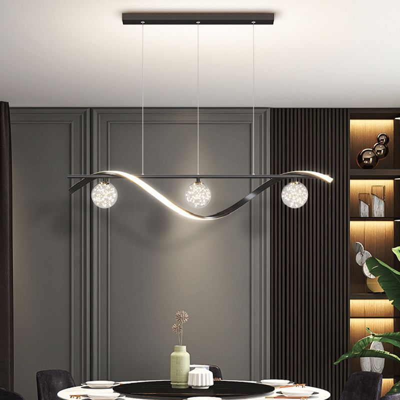 Modern LED Linear Ceiling Pendant in Black / Gold Metal and Glass Kitchen Island Light