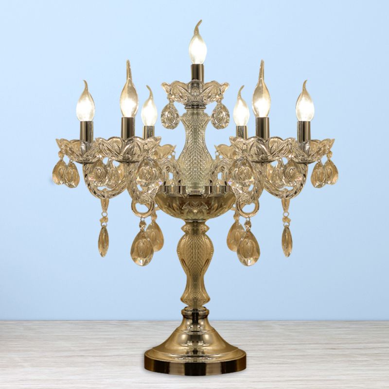 Candelabra Schlafzimmer Tisch Licht traditioneller klarer Kristall 5/6/7 Köpfe Chrome Night Stand Lampe