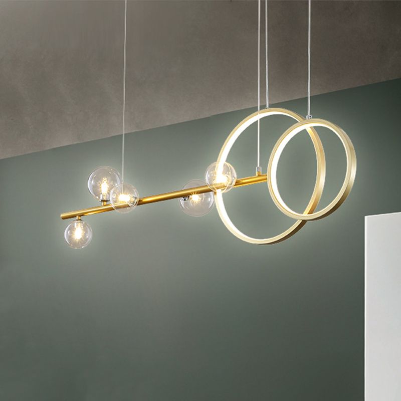 Sphere Glass Sphere Island luminaire simple 5 têtes LED LED Lampe suspendue Kit de lampe en or avec conception de cercle métallique