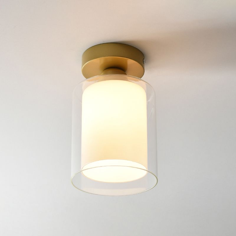 Cylinder Clear and White Glass Flushmount Simple 1 Bulb Corridor Flush Mount Ceiling Light in Brass