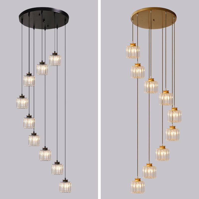 Gold Stairway Cluster Pendant Light in Modern Luxury Style Wrought Iron Hanging Light with Crystal Shade