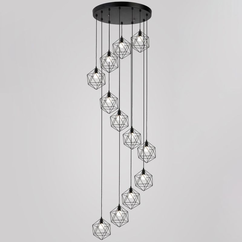 Geometric Cage Staircase Multi Ceiling Lighting Metallic Suspension Light Fixture