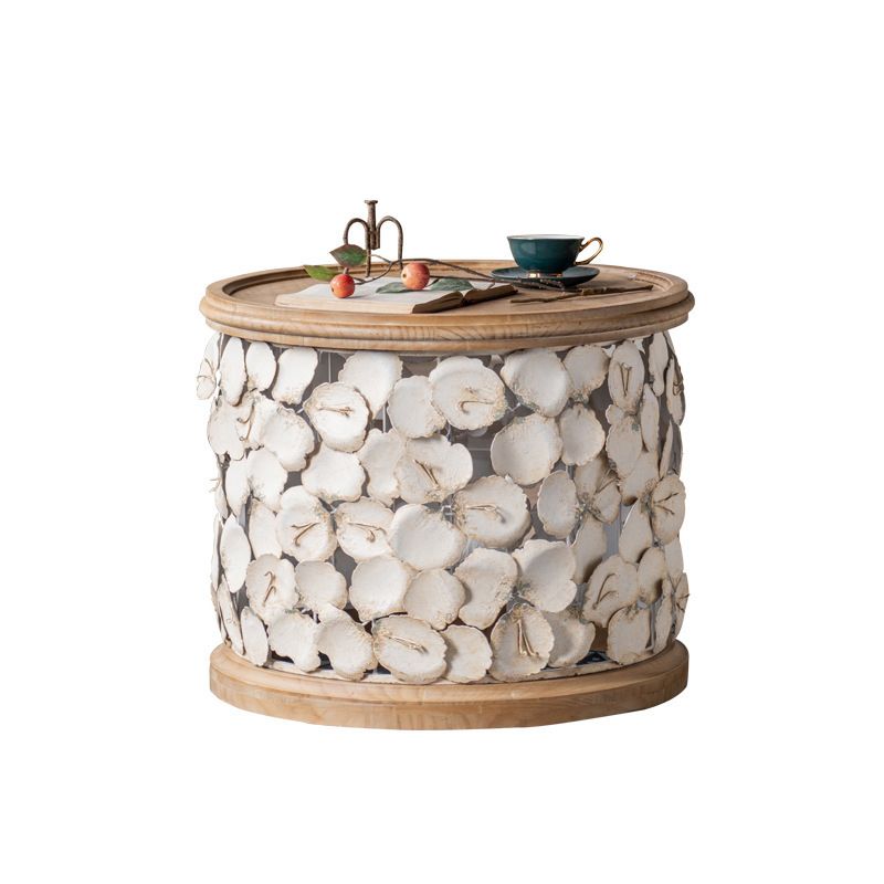 French Country Wood Round Tray Coffee Table Iron Drum Cocktail Table