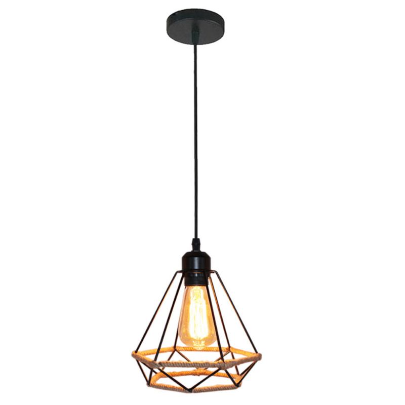 Luce appesa alla corda di canapa vintage con sfumatura a gabbia di ferro singolo lampadario lampada sospensione