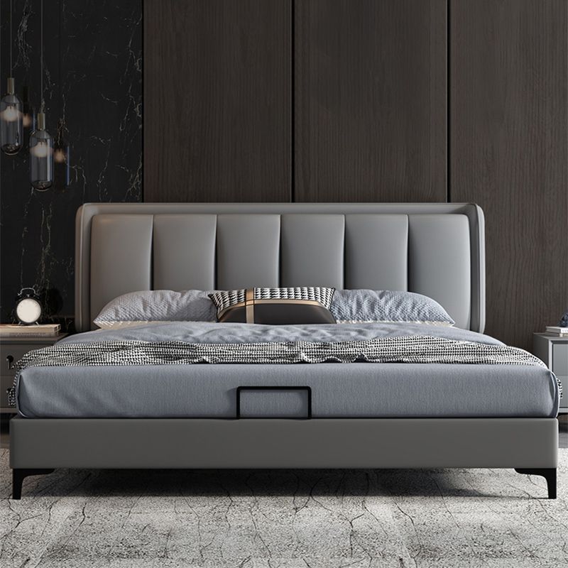 Grey Rectangular Headboard Standard Bed with Wooden Legs Bed