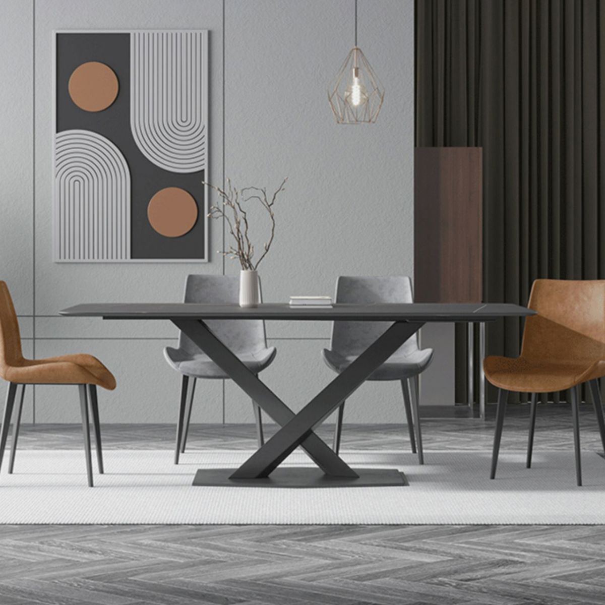 Contemporary Rectangle Dining Room Table Sintered Stone Table with Pedestal Base