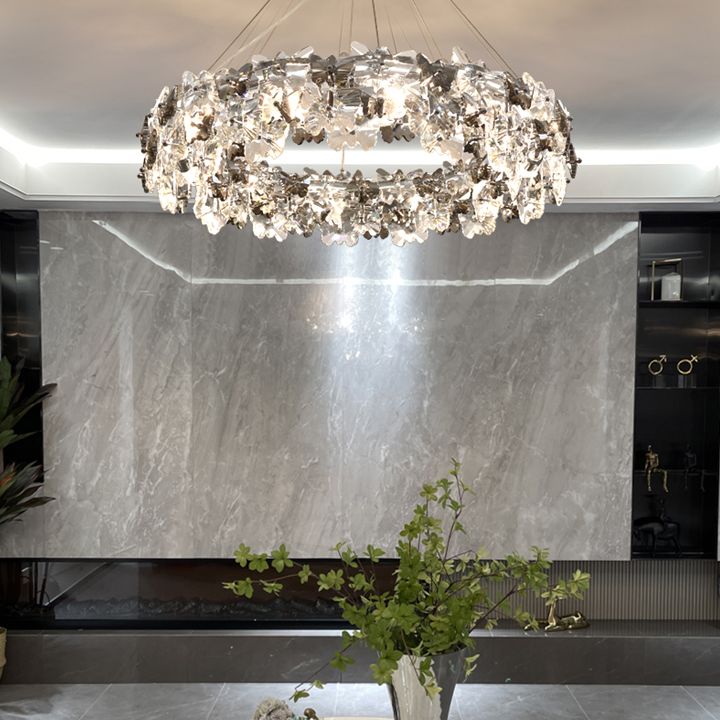 Flowering Butterfly Shape Crystal Circular Pendant Lamp for Living Room Bedroom