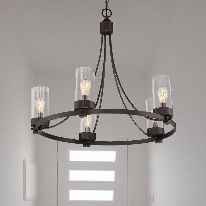 Black 5 lumières Pendard lustre vintage Cylindre en verre transparent