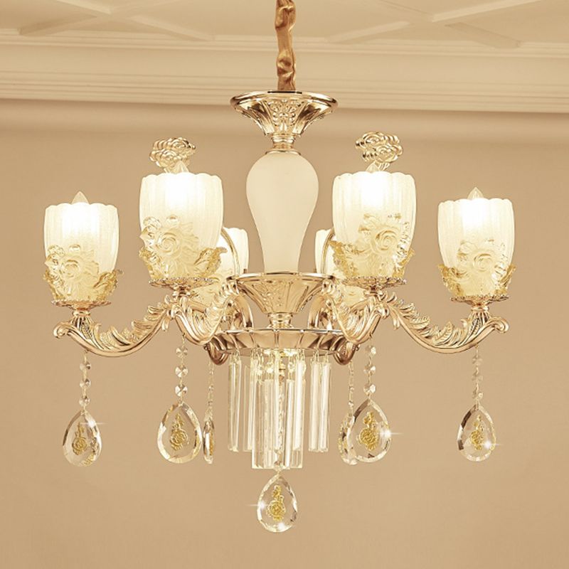 Frosted Glass Floral Chandelier Mid Century 6/8 Heads Bedroom Suspension Lamp in Gold with Crystal Draping