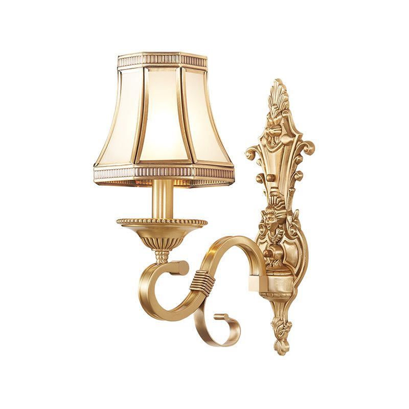 Brass Cone Wall Lamp Traditionalist Metal 1/2 Lights Bedroom Wall Mount Lighting with Beveled Glass Panel