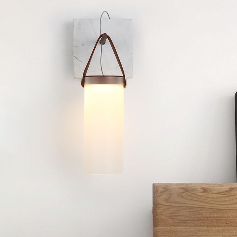 Cylinder Bedside Wall Hanging Light White Glass Nordic LED Wall Light with Leather Strap