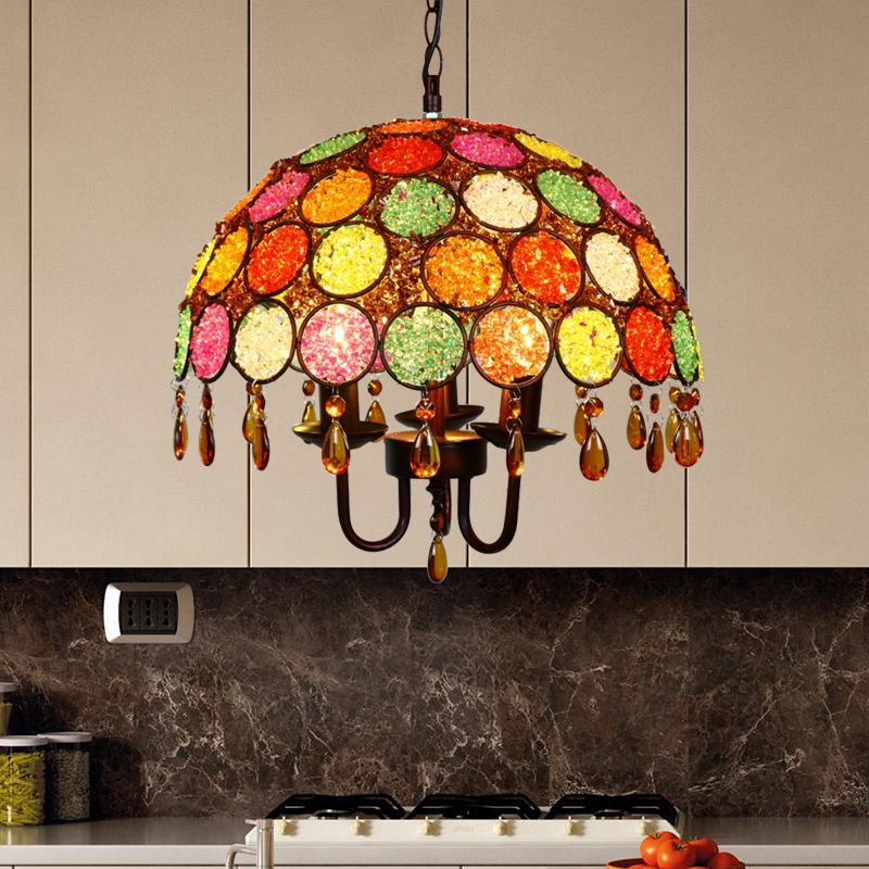 Bowl Metal Pendant Chandelier Antique 3 Heads Dining Room Hanging Ceiling Light in Bronze with Crystal Accent
