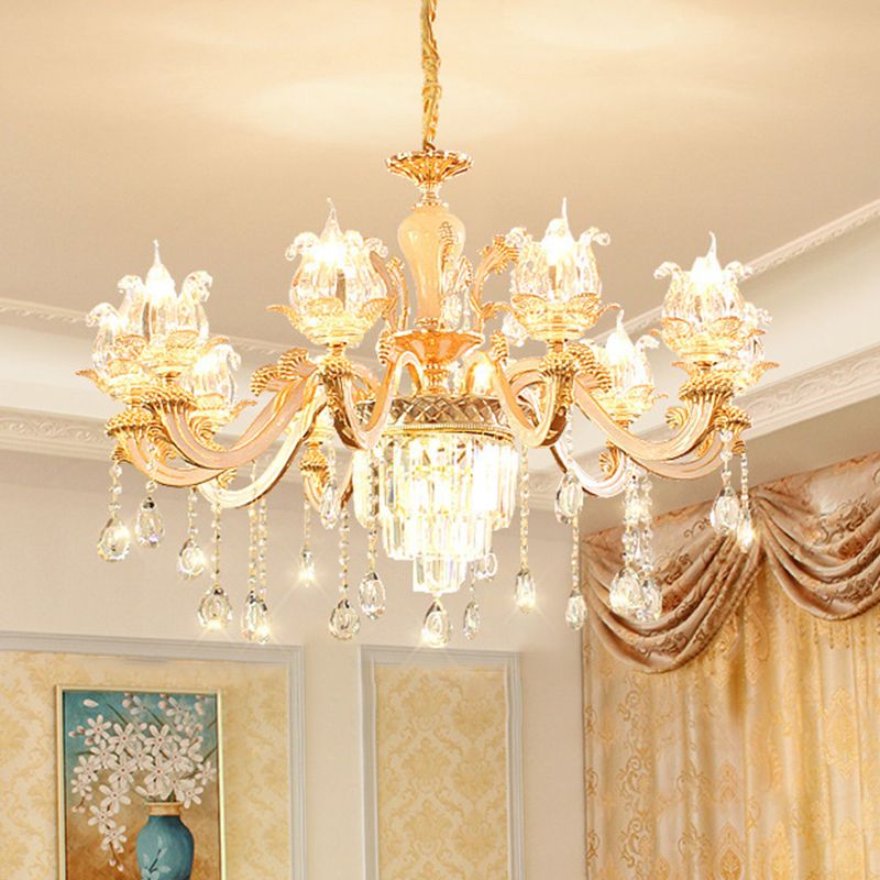 Handgeblasenes Glasblumenaufhängung Licht Retro -Retro -Stil -Kronleuchter Licht mit abgestufter Kristalldekor in Gold
