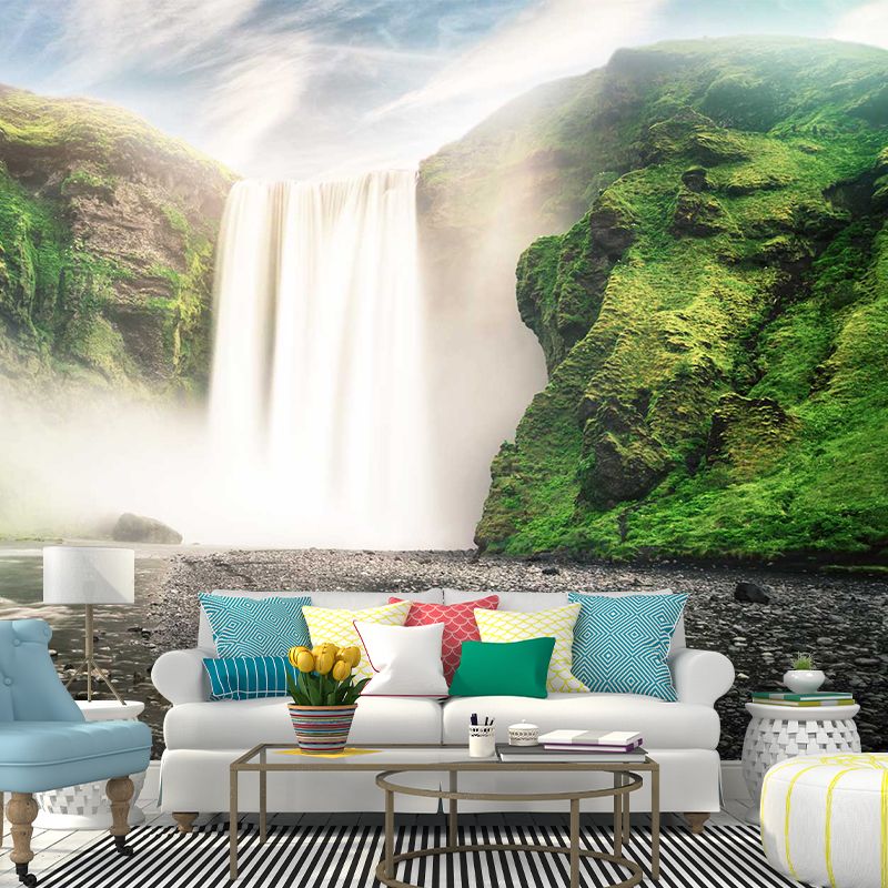 Big Waterfall Wall Paper Mural Stain-Proof Modern Style Living Room Wall Decor in Green