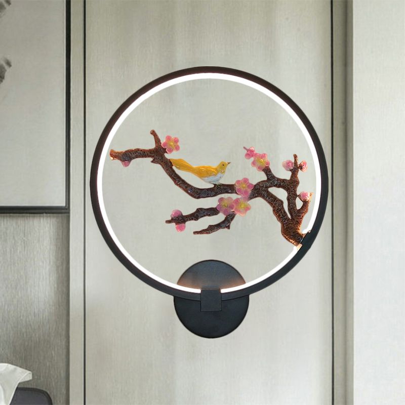 Rounded Plum Blossoms Wall Mural Light Oriental Style Metallic LED Black Wall Mounted Lighting