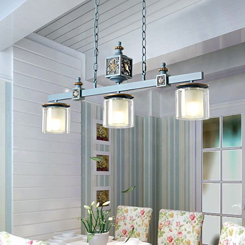 Dual Cylinder Parlor Island Lighting Clear and Frosted Glass 3 Bulbs Simple Pendant Lamp in Sky/Light Blue